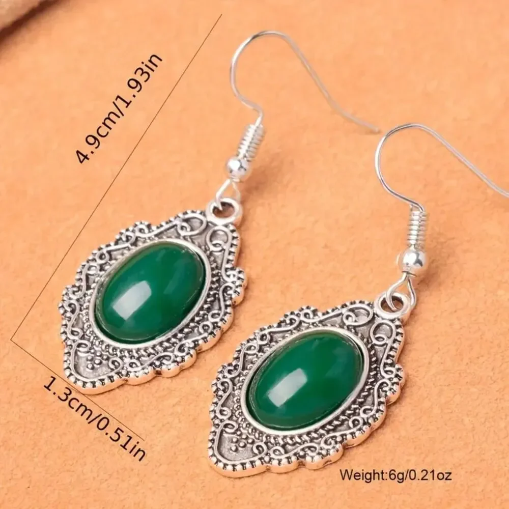 Oval Green Gemstone Silver Drop Pendant Earrings Dangle Filigree Charm Retro